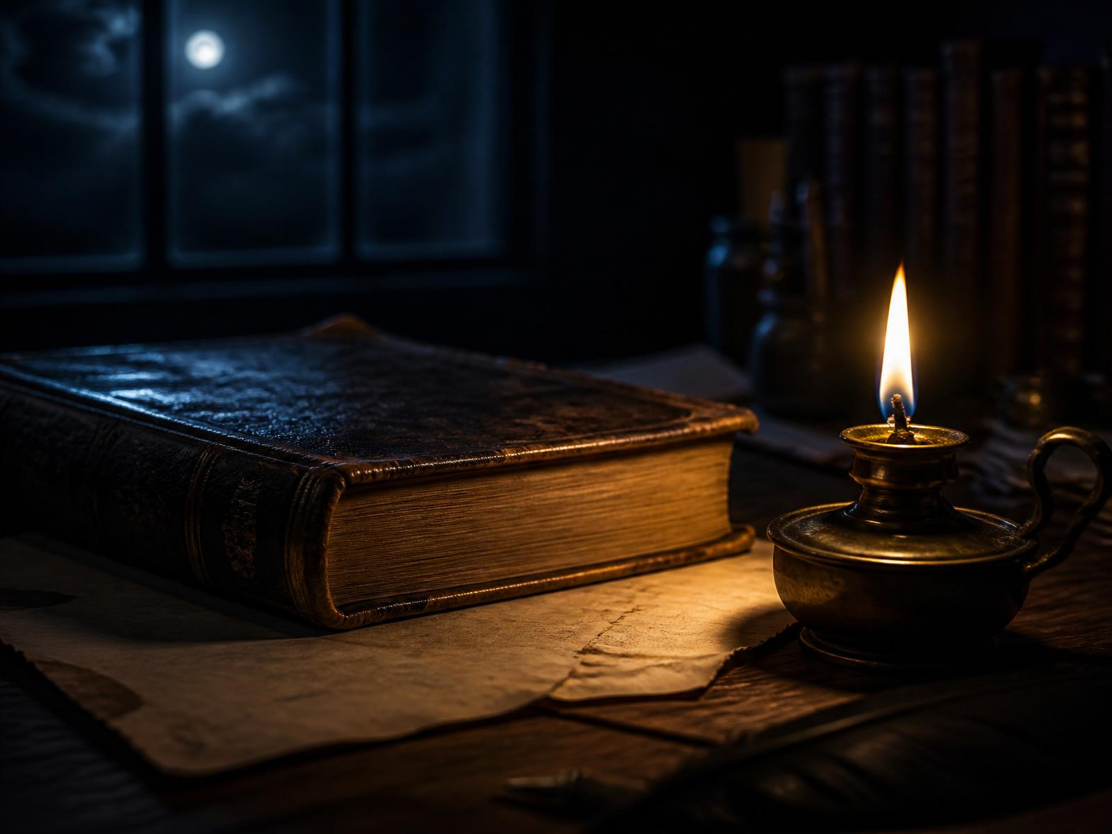 An antique book beside a small lit lamp in a quiet room at midnight